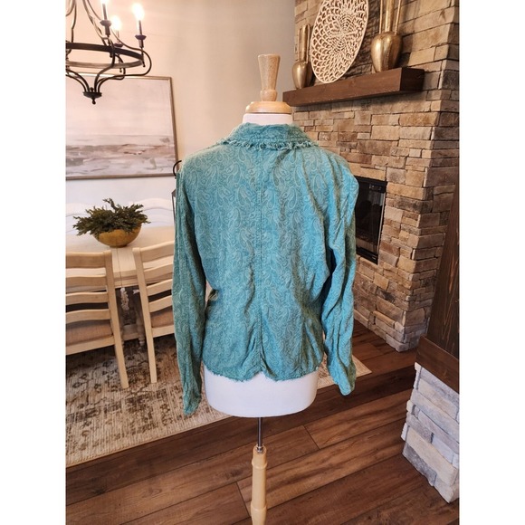 Tianello Tencel Blazer Paisley Print Green Medium Boho Fringe - Picture 3 of 7